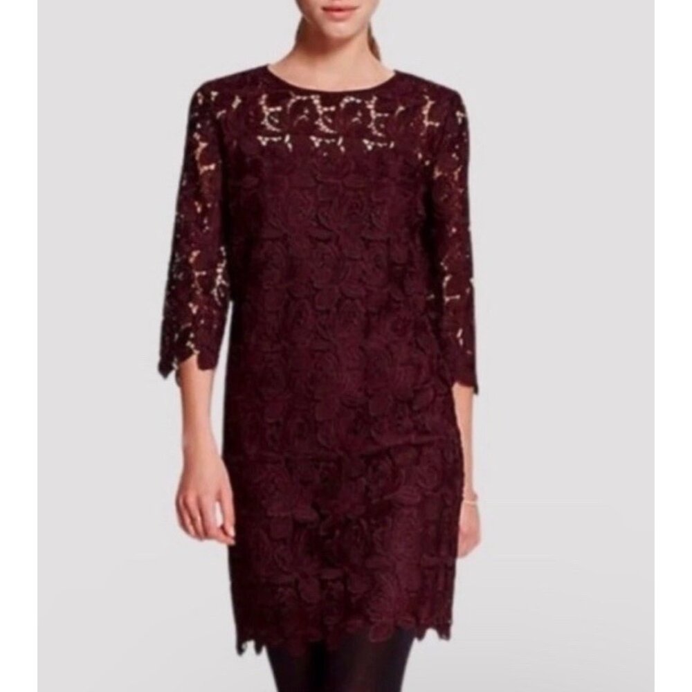Ann‎ Taylor Loft Burgundy Deep Purple Lace Shift Dress 3/4 Sleeve Size 4